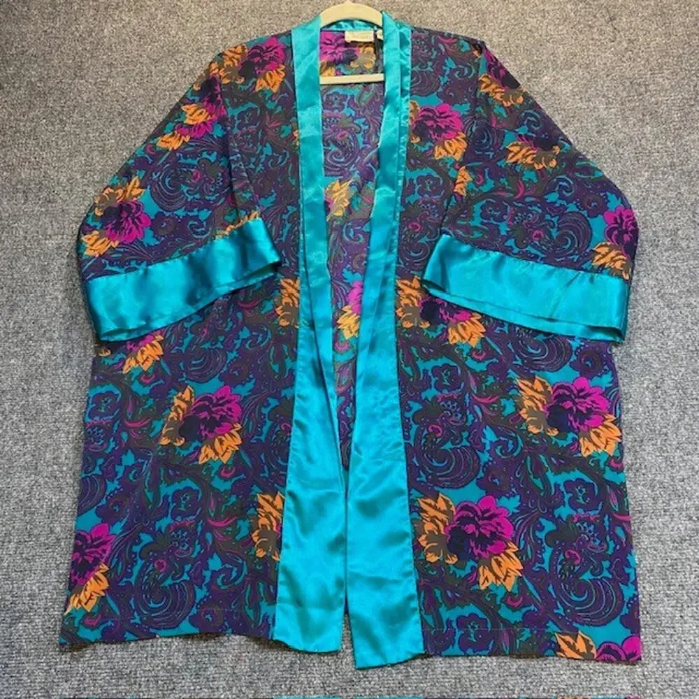 Vintage 80s Victoria Secret Gold Label Turquoise Floral Paisley Robe One Size